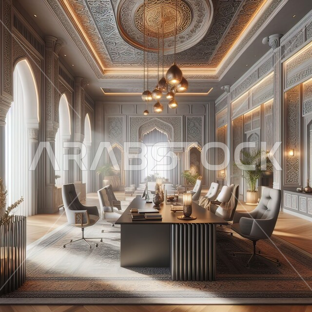 غرفة اجتماعات بتصميمات عصرية حديثه، ديكورات داخليه كلاسيكية وتصاميم متميزة على الطراز الحديث، فنادق ومنتجعات فاخره, شقق وفلل سكنية, الجدران والأسقف المزخرفة،  طاولة اجتماع وأثاث راقي ومريح