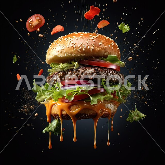 ساندوتش البرجر المتطايرة بقطع اللحم المشوية وشرائح الجبن الذائبة مع الخضراوات الطازجة, وصفات الطعام السريعة الغير صحية، وجبات غذائية شهية، مطاعم للمأكولات الغربية في المملكة العربية السعودية، خلفية سوداء