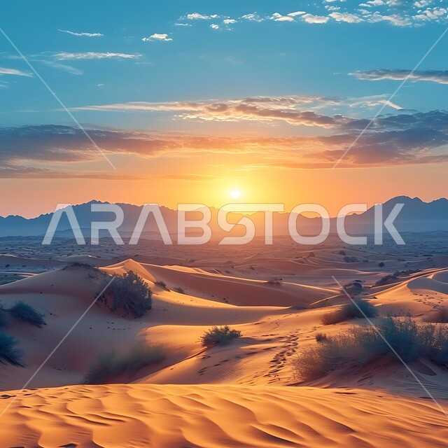 التشكيلات والتلال الرملية في الصحراء العربية, النباتات البرية والمناظر الطبيعية في المملكة العربية السعودية, الكثبان والرمال الذهبية الناعمة في المناطق الصحراوية. معالم سياحية طبيعية في وقت الشروق, مناطق رحلات السفاري الترفيهية