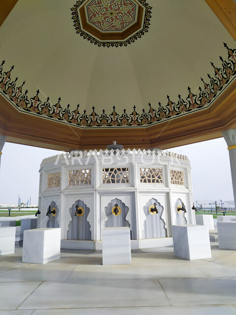العبادة والتقرب الى الله, الفن الهندسي المعماري والزخرفة على الطراز العربي الاسلامي، المعالم الدينية المشهورة في إمارة الشارقة، صورة مقربة للموضأ الخارجي امام مسجد الشارقة الكبير في الإمارات العربية المتحدة، الاهتمام بالمناظر العامة المحيطة بالمساجد