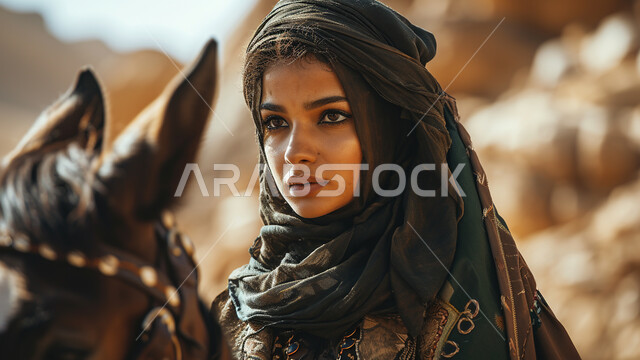 قوة وأصالة الجياد العربية في المملكة، إرث الأجداد في رعاية وتربية الخيول، مفهوم الفروسية وهواية ركوب الخيل، صورة مقربة لإمرأة عربية خليجية سعودية محجبة تمتطي فرس بني أصيل تنظر إلى شيء ما، رحلة استكشاف ومغامرة في الصحراء، التنقل والسفر باستخدام الأحصنة