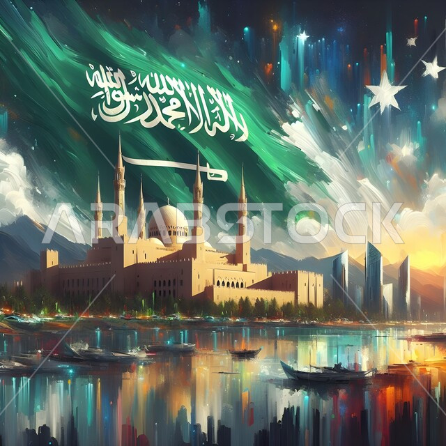 ذكرى اليوم الوطني 23 سبتمبر، علم السعودية يرفرف فوق المساجد وقت غروب الشمس، الاحتفال والفعاليات بيوم العلم 11 مارس، راية التوحيد والإسلام وشعار الهوية الوطنية، أماكن ومعالم دينية اسلامية مقدسة في المملكة العربية السعودية