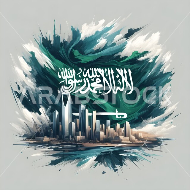 Urban development and progress of towers and skyscrapers, National Day on September 23, symbol of the Kingdom of Saudi Arabia, national identity emblem, expression of belonging to the homeland, template designs for national occasions and holidays, commemoration of Saudi Flag Day on March 11, white background
