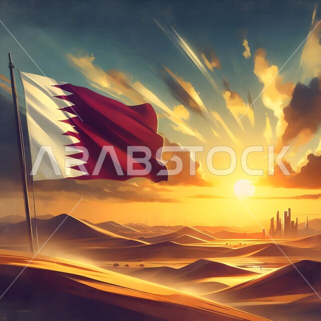 The flag of the State of Qatar flying in the sky, celebration of Qatari National Day, desert nature and facilities in the Qatari capital, Doha, famous tourist attractions in broad daylight, interesting safari places