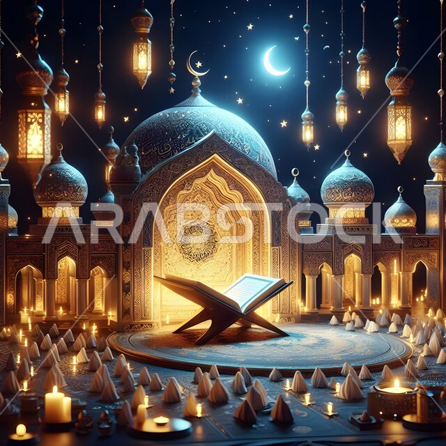 Islamic lanterns and antiques to celebrate the coming of the month of goodness, lighting and decorations for the holy month of Ramadan, decorations and lights in the spiritual Ramadan atmosphere, Islamic geometric art for antiques and accessories, mosques and sacred religious monuments.