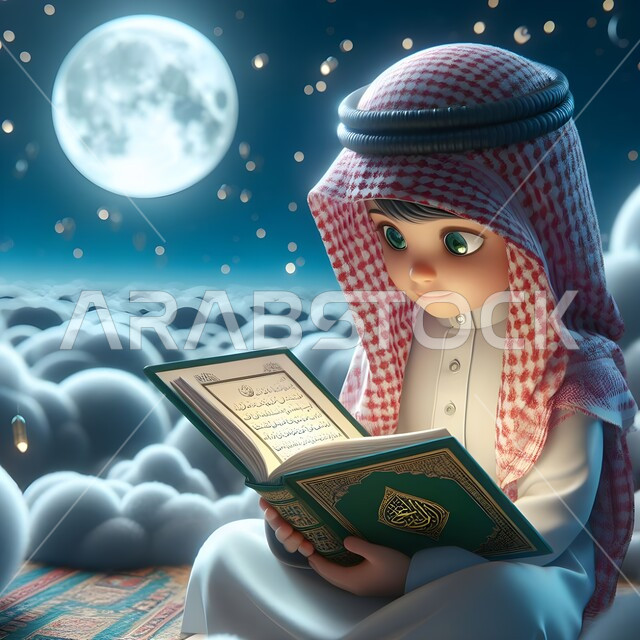 Worshiping and getting closer to God in the blessed month of Ramadan, promoting correct common sense, reciting and memorizing the Holy Qur’an, Islamic religious sessions, a Saudi Gulf Arab child wearing the traditional dress and shemagh reading the Holy Qur’an