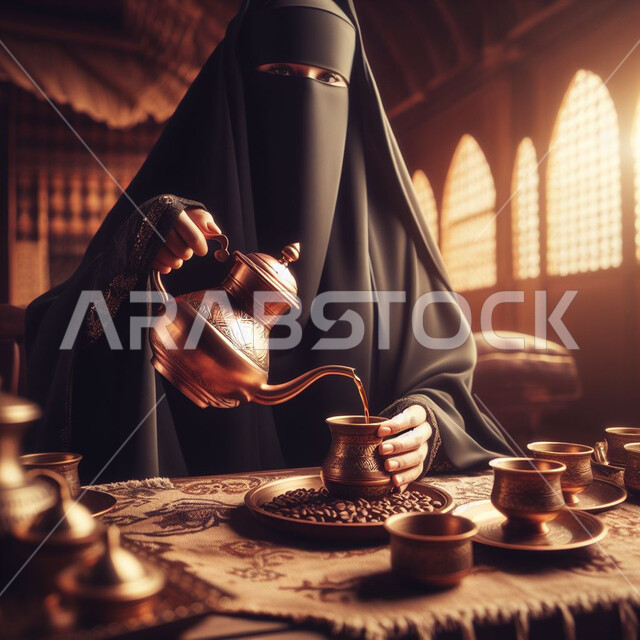 حبوب البن الطازجة، صورة مقربة لسيدة عربية سعودية خليجية ترتدي النقاب والعباءة السوداء تقوم بصب القهوة السعودية من الدلة النحاسية، تقديم المشروبات الساخنة للضيوف، حسن الضيافة والاستقبال، منتجات وطنية محلية