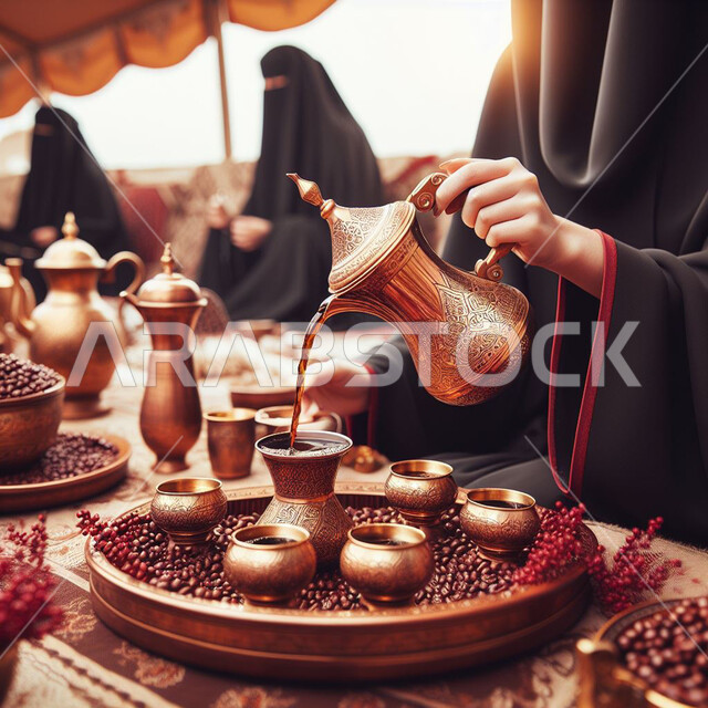  تقديم المشروبات الساخنة للضيوف، حبوب البن الطازجة، صورة مقربة ليد سيدة عربية سعودية خليجية ترتدي العباءة السوداء تقوم بصب القهوة السعودية من الدلة النحاسية، حسن الضيافة والاستقبال، منتجات وطنية محلية