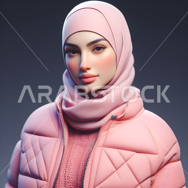مفهوم الاهتمام بالمظهر الخارجي و الاناقة و الأنوثة ، صورة شخصية للوثائق الرسمية، بورتريه مقرب لشابة عربية خليجية سعودية محجبة ترتدي زي باللون الوردي تنظر الى الكاميرا بإيماءات الثقة، خلفية سوداء
