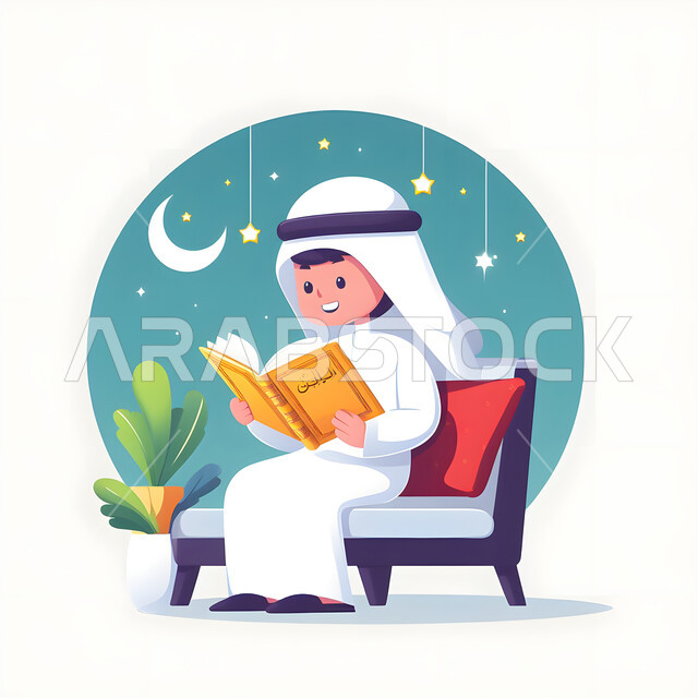 قراءة وتلاوة وحفظ القرآن الكريم ، ولد عربي خليجي سعودي يرتدي الزي التقليدي يقرأ القرآن، إضاءة وزينة شهر الخير، ذكر الله في أيام رمضان المباركة، خلفية بيضاء