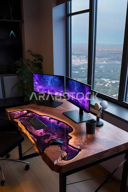 طاولة عمل مكتبية متميزة ومضيئة، مكاتب عمل بواجهه زجاجية مطلة على الطبيعة الخضراء، غرفة مكتب بتصاميم داخلية وديكورات راقية، تصميمات عصرية حديثة لمكاتب الشركات السعودية، غرف القراءة والجلوس