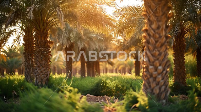 المحميات الطبيعية الخضراء و الأراضي الزراعية الخصبة، حقول أشجار النخيل المثمرة في المملكة العربية السعودية، مزارع إنتاج التمور، منتجات ومحاصيل وطنية محلية، خلفيات الطبيعة
