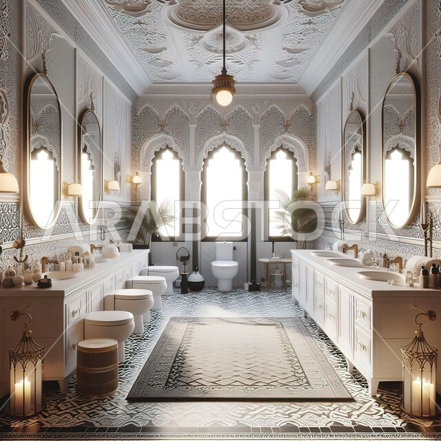 حمام فاخر في أحد الفنادق، تصاميم وديكورات داخلية للحمامات ، دورة مياه رخاميه في أحد المباني السياحية, التصميم الهندسي العصري الحديث والمتطور, شقق وفلل سكنية