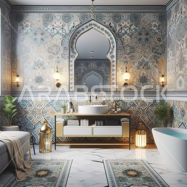 التصاميم المعمارية الهندسية الراقية في أحد المباني السكنيه, الديكورات الداخلية للحمامات وأحواض الاستحمام في إحدى الفنادق الفاخرة, الجدران الرخامية المزخرفة والنباتات الخضراء