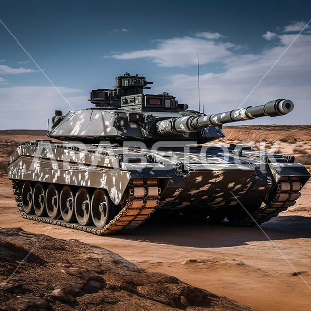 A military tank on the sand dunes in the Arabian Desert, the concept of protecting the front lines, durable military equipment, helping armored units to withstand and be steadfast in battles, the background of the desert nature
