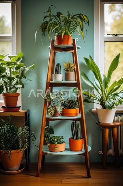 مفهوم حب الطبيعه و النباتات الشوكية ،تصاميم عصرية مميزة فاخرة، نبات الزينه الطبيعيه الخضراء على الرفوف الخشبية بجانب نافذة، ديكورات داخليه في غرف المعيشة