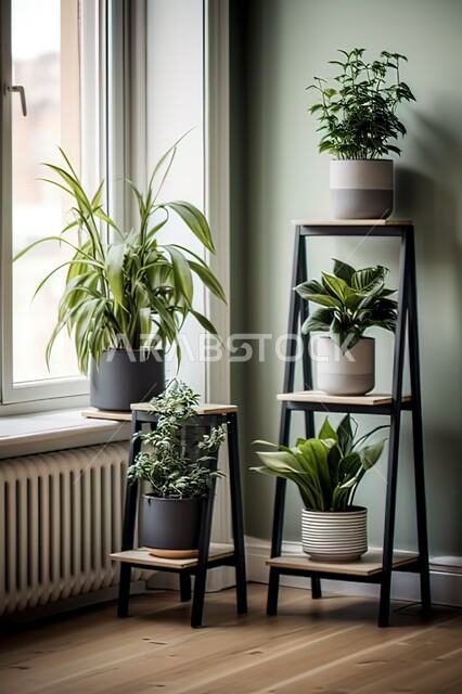 Distinctive, luxurious modern designs, green natural ornamental plants on wooden shelves next to a window, interior decorations in the corners of living rooms, the concept of love for nature and plants.