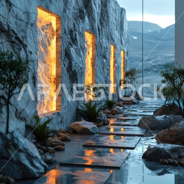 تصميم  خارجي بالحجر لمبنى حديث وسط الطييعه، ديكورات مميزة في الأجواء الشتوية، الاعشاب و النباتات الخضراء على الارضية الحجرية