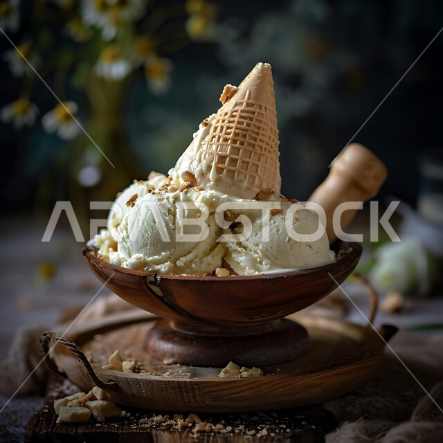 White ice cream dessert, cool summer desserts, close-up of ice cream balls decorated with nuts and cookies in a wooden bowl on a base, a plate of fresh refreshments