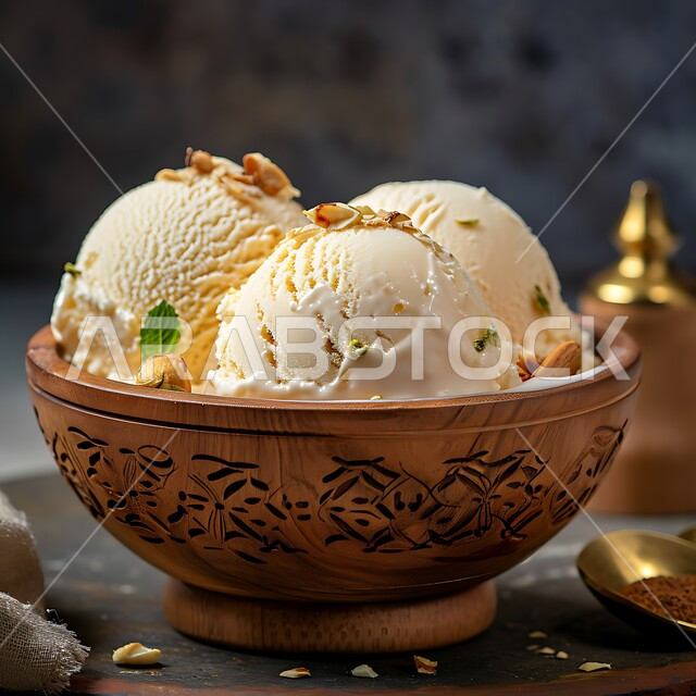 طبق من المرطبات الطازجة، حلويات صيفية باردة، صورة مقربة لكرات الآيس كريم المزينة بالمكسرات  في طبق خشبي، حلوى البوظة باللون الأبيض