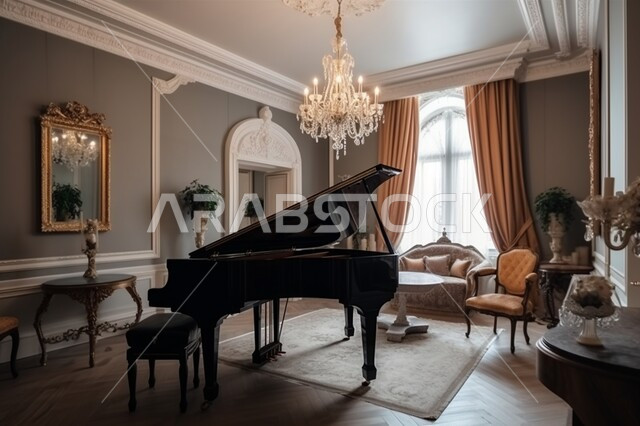 طاولة بيانو خشبية راقية، تصاميم عصرية بألوان فاخرة, الفن الهندسي للديكورات الداخلية المميزة, شقق وفلل سكنية مريحة, غرفة معيشة بديكور راقي, أثاث منزلي فاخر, آلات موسيقية للعزف والاستمتاع بأوقات ممتعة