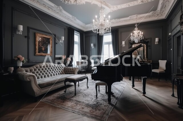 طاولة بيانو خشبية راقية، تصاميم عصرية بألوان فاخرة, الفن الهندسي للديكورات الداخلية المميزة, شقق وفلل سكنية مريحة, غرفة معيشة بديكور راقي, أثاث منزلي فاخر, آلات موسيقية للعزف والاستمتاع بأوقات ممتعة