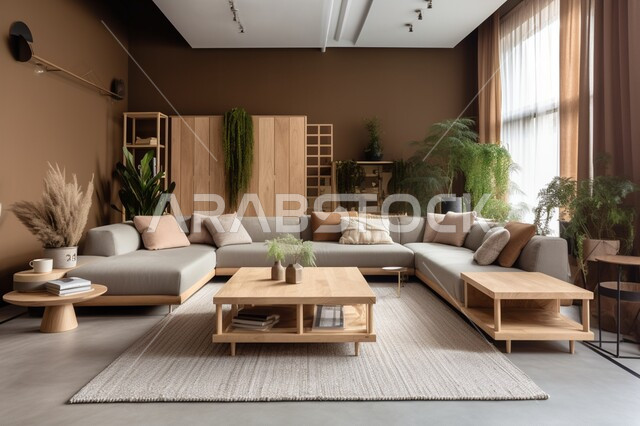 A living room with modern contemporary designs, distinctive interior decorations and designs in a modern style, residential apartments and villas, luxury hotels and resorts, sitting rooms with elegant and comfortable home furniture, ornamental plants inside the home, upscale antiques and accessories.