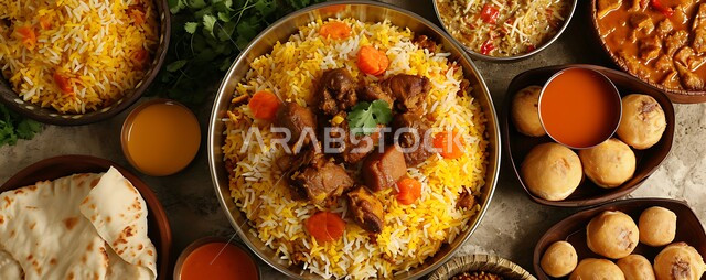 مقبلات ووصفات طعام شهية، طبق من أرز المندي مع قطع اللحم المزين بالبقدونس، أكلات عربية تقليدية وأطباق شعبية، مطاعم خليجية سعودية للمأكولات الشرقية، أرز البخاري المبهر بالتوابل