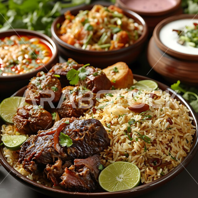 الأرز البخاري المبهر بالتوابل، طبق من أرز المندي مع قطع اللحم المزين بالبقدونس وشرائح الليمون، أكلات عربية تقليدية وأطباق شعبية متنوعة، وصفات طعام شهية، مطاعم خليجية سعودية للمأكولات الشرقية
