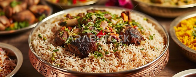 طبق من أرز المندي مع قطع اللحم المزين بالبقدونس، أكلات عربية تقليدية وأطباق شعبية، وصفات طعام شهية، مطاعم خليجية سعودية للمأكولات الشرقية، أرز البخاري المبهر بالتوابل