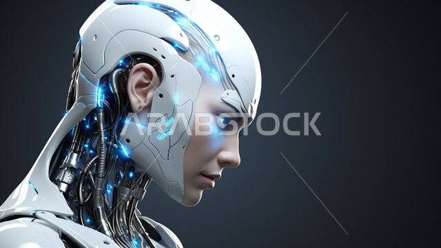 علوم و تكنولوجيا الذكاء الاصطناعي ،تحقيق الثورة الصناعية، شبكة البيانات الضخمة والتحول الرقمي، رؤية سعودية 2030، تصاميم ثلاثية الأبعاد للروبوتات المستقبلية, صورة مقربة لرجل آلي حديث ومتطور بتقنيات عالية، العمل بمخططات تقنية