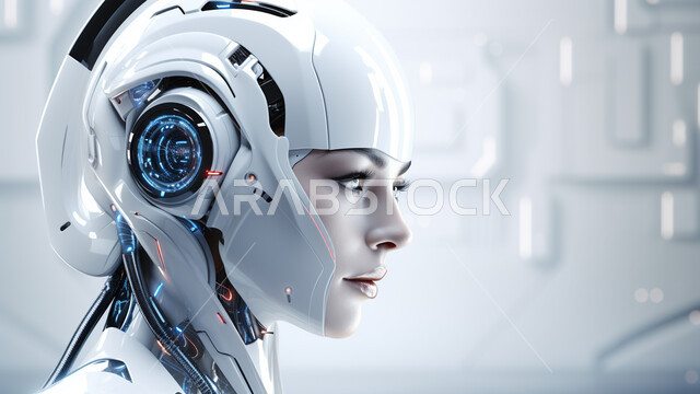 علوم و تكنولوجيا الذكاء الاصطناعي ،تحقيق الثورة الصناعية، شبكة البيانات الضخمة والتحول الرقمي، رؤية سعودية 2030، تصاميم ثلاثية الأبعاد للروبوتات المستقبلية, صورة مقربة لرجل آلي حديث ومتطور بتقنيات عالية، العمل بمخططات تقنية