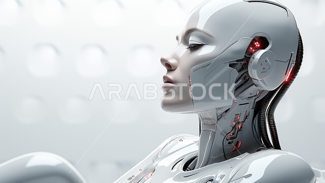 Achieving the industrial revolution, big data network and digital transformation, Saudi Vision 2030, 3D designs for future robots, artificial intelligence science and technology, a close-up of a modern and advanced robot with high technologies, working with technical plans