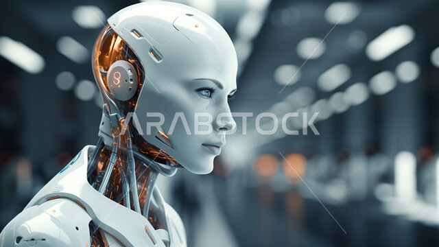 تحقيق الثورة الصناعية، شبكة البيانات الضخمة والتحول الرقمي، رؤية سعودية 2030، تصاميم ثلاثية الأبعاد للروبوتات المستقبلية, علوم و تكنولوجيا الذكاء الاصطناعي ،صورة مقربة لرجل آلي حديث ومتطور بتقنيات عالية، العمل بمخططات تقنية