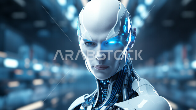 Big data network and digital transformation, Saudi Vision 2030, 3D designs for future robots, artificial intelligence science and technology, achieving the industrial revolution, a close-up of a modern and advanced robot with high technologies, working with technical plans