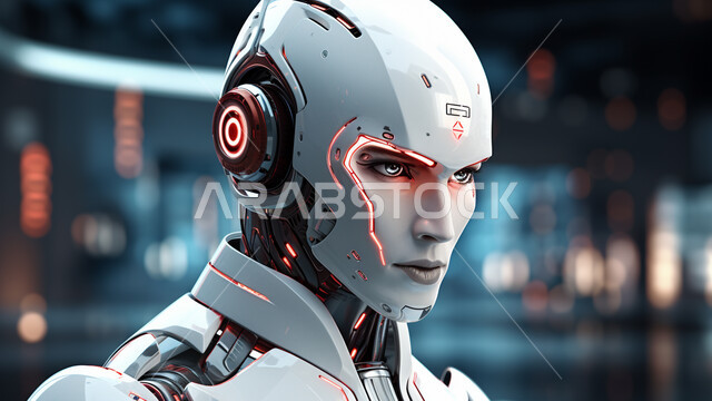  رؤية سعودية 2030، تصاميم ثلاثية الأبعاد للروبوتات المستقبلية, علوم و تكنولوجيا الذكاء الاصطناعي ،تحقيق الثورة الصناعية، صورة مقربة لرجل آلي حديث ومتطور بتقنيات عالية، العمل بمخططات تقنية, شبكة البيانات الضخمة والتحول الرقمي