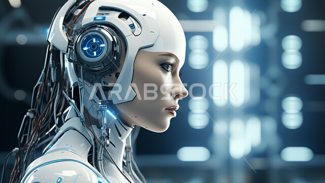 تصاميم ثلاثية الأبعاد للروبوتات المستقبلية, علوم و تكنولوجيا الذكاء الاصطناعي ،تحقيق الثورة الصناعية، رؤية سعودية 2030، صورة مقربة لرجل آلي حديث ومتطور بتقنيات عالية، العمل بمخططات تقنية, شبكة البيانات الضخمة والتحول الرقمي