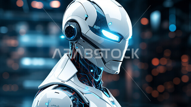  رؤية سعودية 2030، تصاميم ثلاثية الأبعاد للروبوتات المستقبلية, علوم و تكنولوجيا الذكاء الاصطناعي ،تحقيق الثورة الصناعية، صورة مقربة لرجل آلي حديث ومتطور بتقنيات عالية، العمل بمخططات تقنية, شبكة البيانات الضخمة والتحول الرقمي