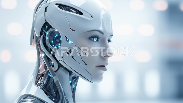 Three-dimensional designs for future robots, artificial intelligence science and technology, achieving the industrial revolution, Saudi Vision 2030, a close-up of a modern and advanced robot with high technologies, working with technical plans, the big data network and digital transformation