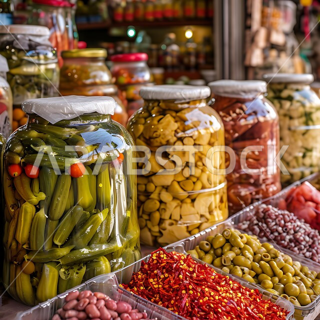 وجبات و أطعمة خفيفه, مقبلات ومأكولات حمضيه في إحدى المحلات التجارية، صورة مقربة لأنواع مختلفة من المخللات داخل علب زجاجية في متاجر المملكة العربية السعودية, سناك صحي مالح