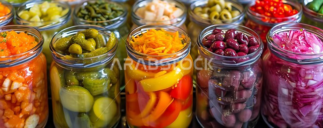 وجبة طعام خفيفه, مقبلات ومأكولات حمضيه في إحدى المحلات التجارية، صورة مقربة لأنواع مختلفة من المخللات داخل علب زجاجية في متاجر المملكة العربية السعودية, سناك صحي مالح
