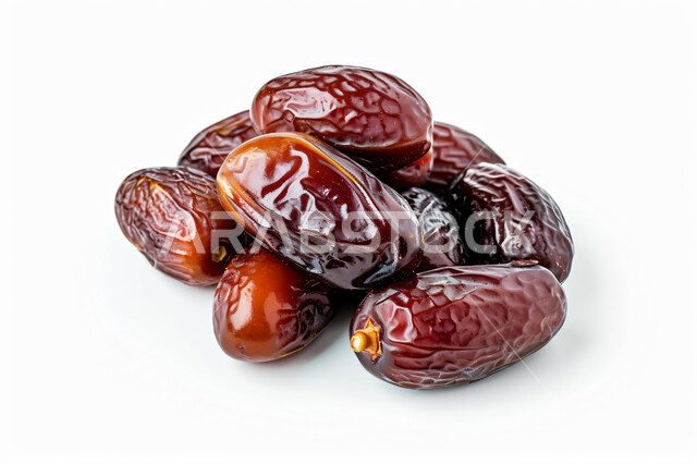 حصاد النخيل في مزارع المملكة، الأنواع المختلفة من التمور الصحية اللذيذة، صورة مقربة لحبات التمر، منتجات محلية سعودية وطنية، ضيافة رمضانية شهية، وجبة غذائية صحية ذات أهمية عاليه، خلفية بيضاء