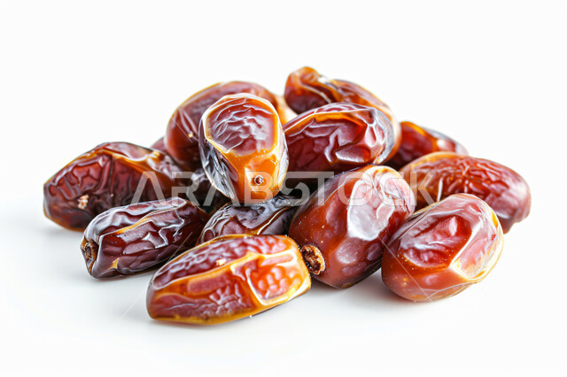 حصاد النخيل في مزارع المملكة، الأنواع المختلفة من التمور الصحية اللذيذة، صورة مقربة لحبات التمر، منتجات محلية سعودية وطنية، ضيافة رمضانية شهية، وجبة غذائية صحية ذات أهمية عاليه، خلفية بيضاء