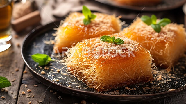 قطع الحلوى الشهية على صحن معدني، سكريات وحلويات بالقطر, وصفات شرقية مشهورة، صورة مقربة لطبق حلا الكنافة المحشوة بالقشطة والمزينة بالفستق، مطاعم ومأكولات في المملكة العربية السعودية