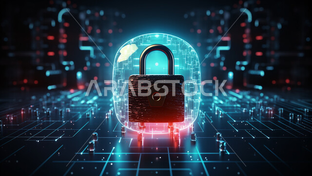 The concept of cybersecurity and information technology, a security lock icon illuminated inside a spider web surrounded by a group of Internet icons using 3D hologram technology, preserving personal data, safe entry and protection.
