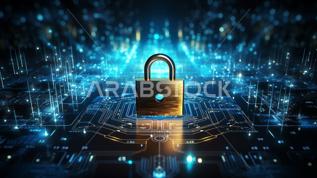 أيقونة قفل الأمان مضيئة داخل شبكة عنكبوتية محاطة بمجموعة من أيقونات الإنترنت باستخدام تقنية الهولوجرام ثلاثي الأبعاد ،الحفاظ على البيانات الشخصية والدخول الآمن والحماية، مفهوم الأمن السيبراني و تكنولوجيا المعلومات 