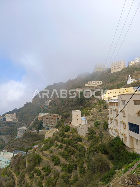 المدرجات الزراعية الخضراء والاشجار على القمم والمرتفعات الجبلية، المباني السكنية والبيوت الاثرية القديمة في جبال محافظة فيفاء في جازان، معالم وأماكن سياحية طبيعية في المملكة العربية السعودية، خلفية الطبيعة