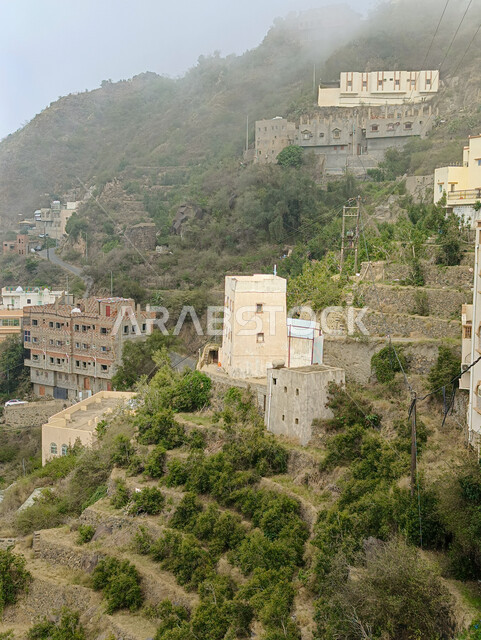 المباني السكنية والبيوت الاثرية القديمة في جبال محافظة فيفاء في جازان، معالم وأماكن سياحية طبيعية في المملكة العربية السعودية، المدرجات الزراعية الخضراء والاشجار على القمم والمرتفعات الجبلية، خلفية الطبيعة