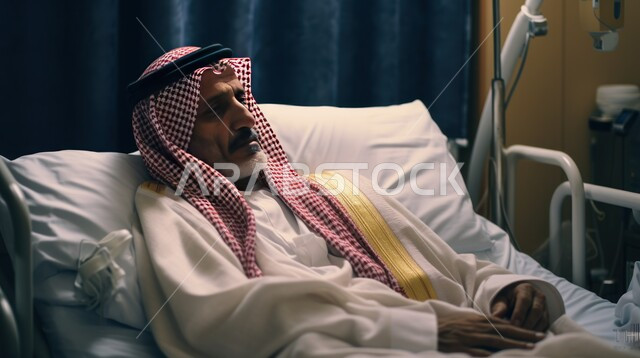 Gestures of illness and fatigue, private medical centers to provide the best medical services for the elderly, a sick elderly Arab Gulf Saudi man wearing