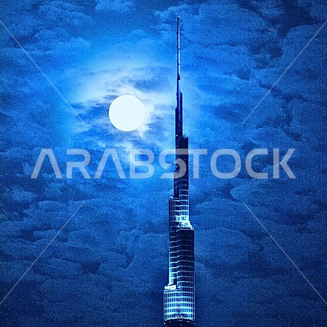 Cloudy winter weather, development and urban progress of the towers and buildings of Dubai, famous tourist attractions, modern architectural art of the towering and advanced Burj Khalifa in the United Arab Emirates, view of the full moon in the sky